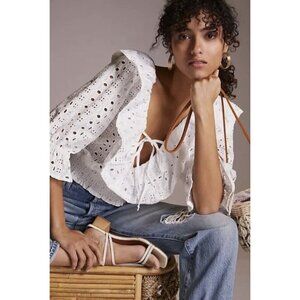 Anthropologie Porridge White Eyelet Lace Puff Sleeve Blouse Boho Festival M